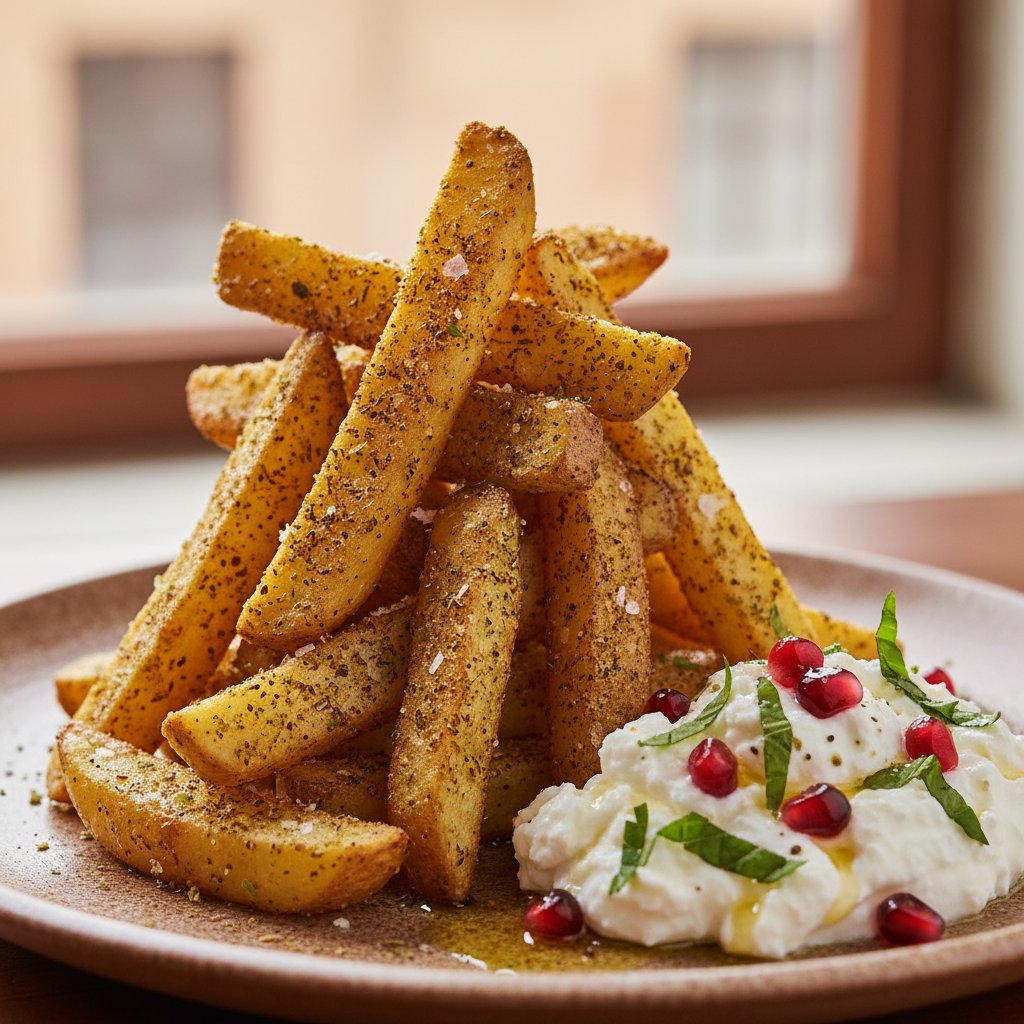 Herbed Mediterranean Fries with Whipped Feta & Pomegranate