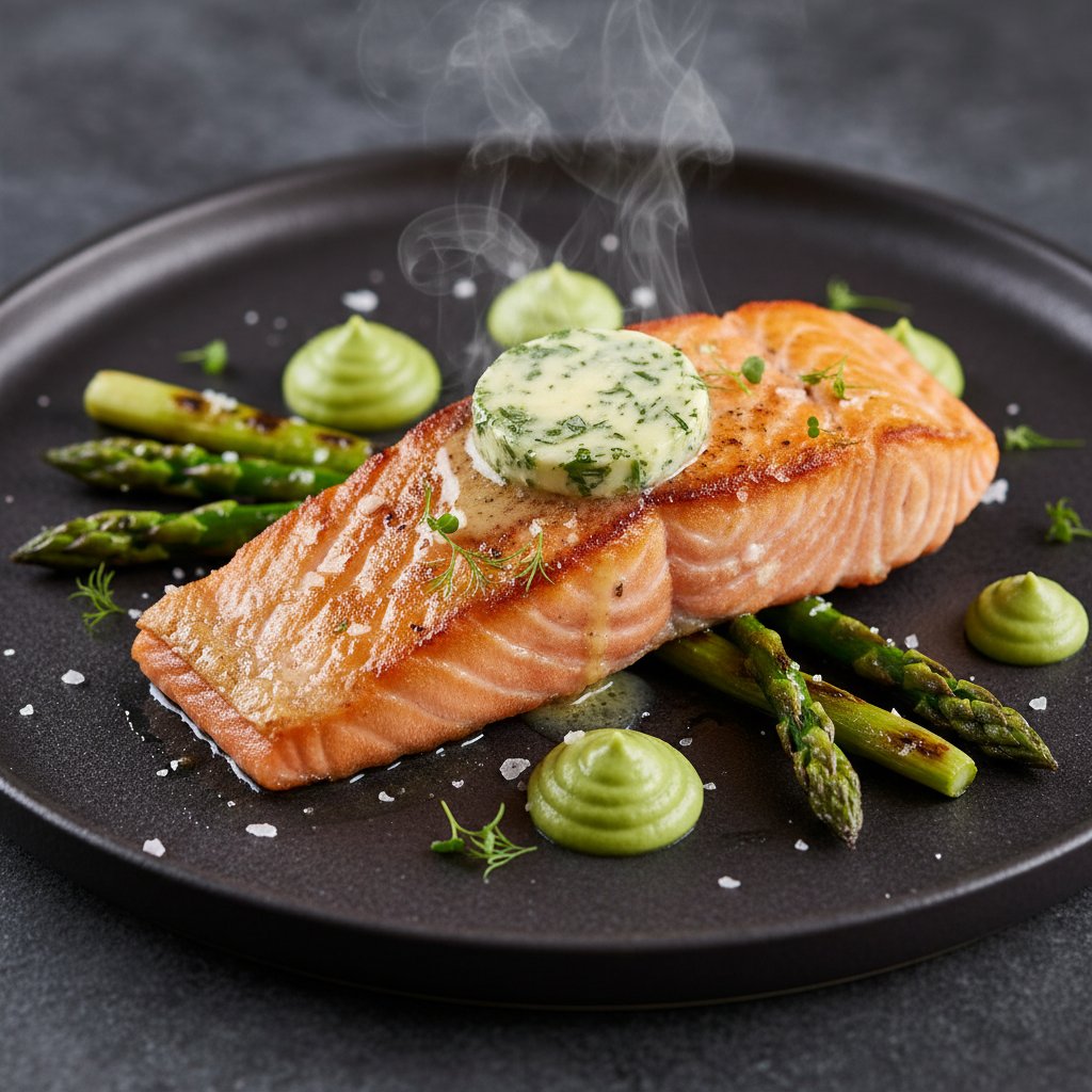 Pan-Seared King Salmon with Lemon-Dill Compound Butter and Charred Asparagus