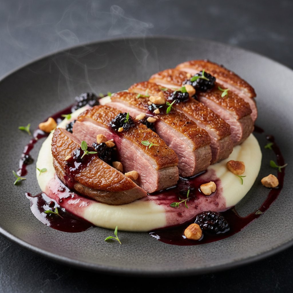 Pan-Seared Duck Breast with Velvet Cauliflower Purée and Blackberry-Thyme Gastrique
