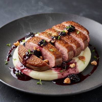 Pan-Seared Duck Breast with Velvet Cauliflower Purée and Blackberry-Thyme Gastrique