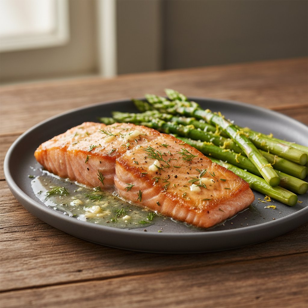 Pan-Seared Garlic Butter Salmon with Lemon-Zest Asparagus