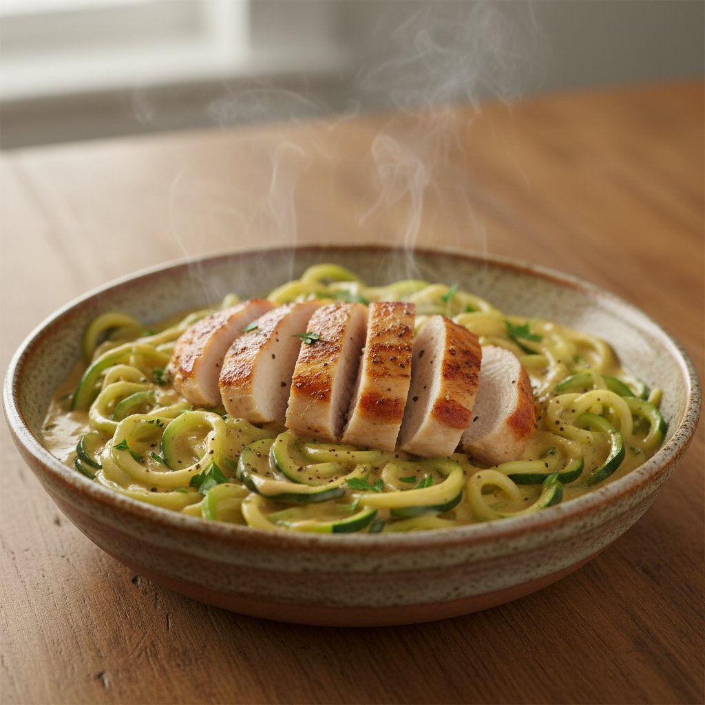 Creamy Garlic Parmesan Zoodles with Pan-Seared Chicken