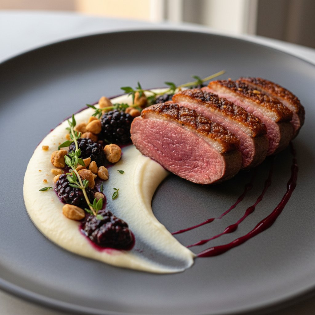 Pan-Seared Duck Breast with Blackberry-Thyme Gastrique and Cauliflower Silk