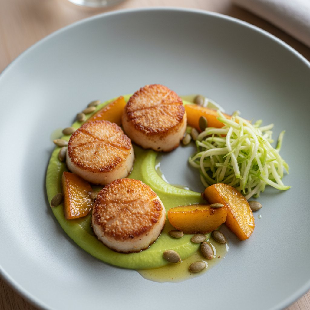 Chayote Trilogy with Seared Scallops and Citrus-Pepita Gremolata