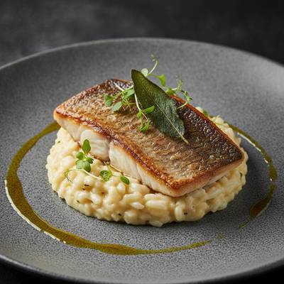 Pan-Seared Mediterranean Branzino with Toasted Hazelnut Cauliflower Risotto