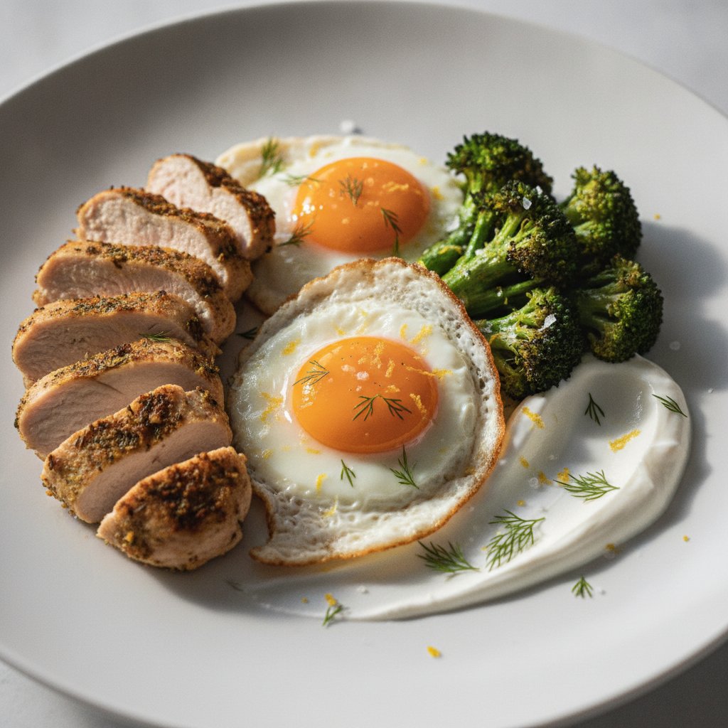 Herb-Crusted Chicken & Crispy Lace Eggs with Charred Broccoli and Dill Yogurt