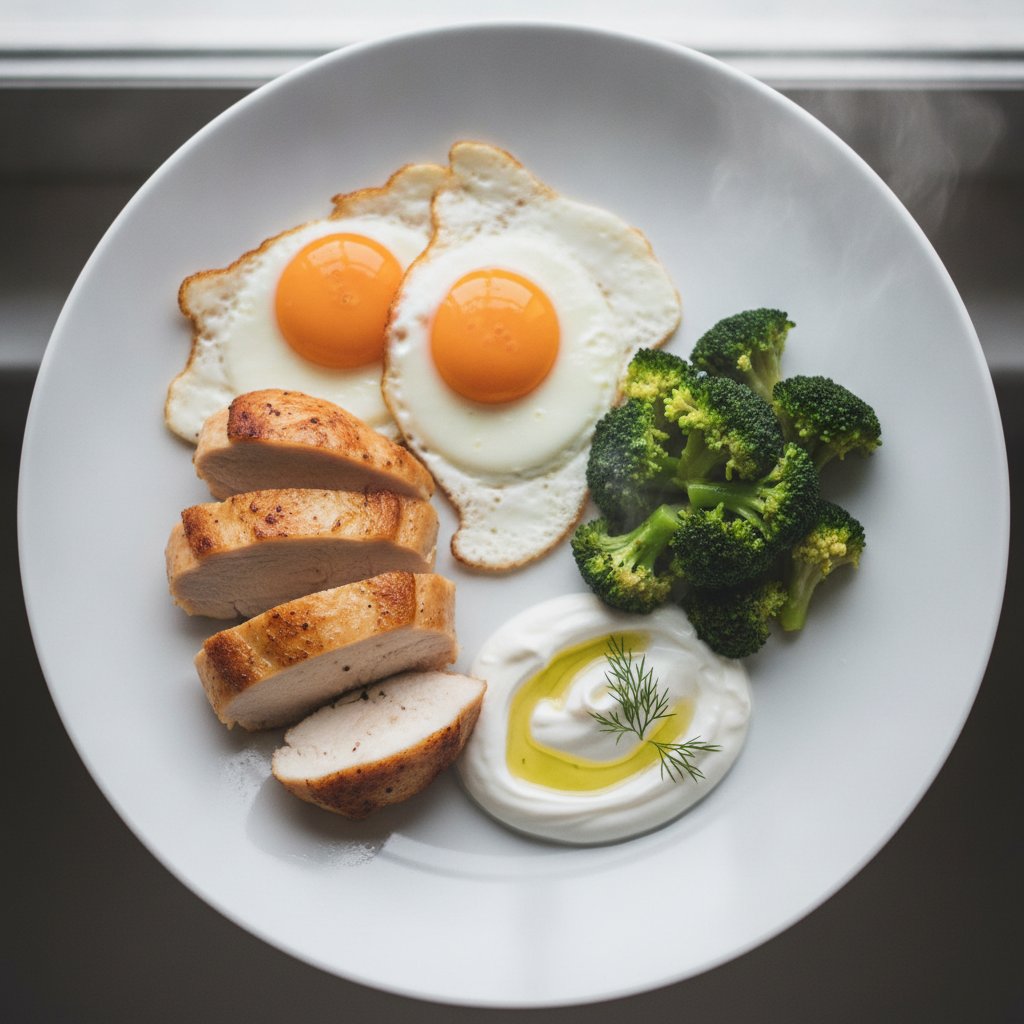 Citrus-Thyme Seared Chicken and Crisp-Laced Eggs with Whipped Garlic Crema