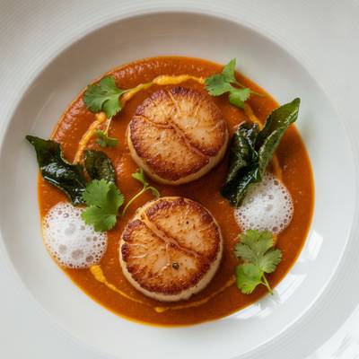 Pan-Seared Scallops with Heirloom Tomato Masala and Coconut Foam