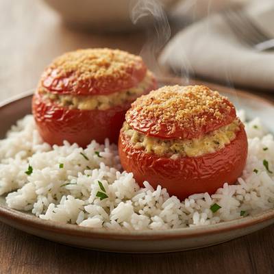 Provençal Herbed Sausage Stuffed Tomatoes with Fluffy Garlic Rice