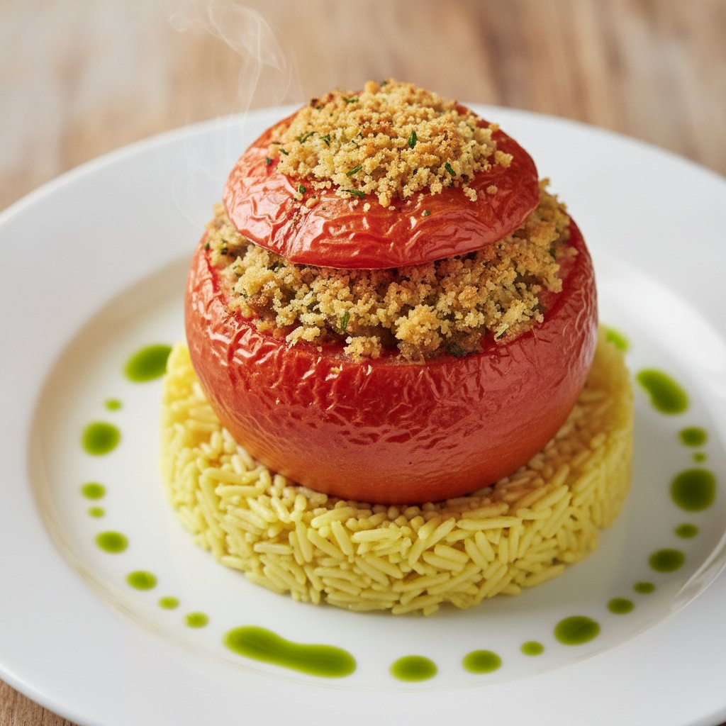 Provençal Heirloom Tomato Farci with Saffron Basmati and Toasted Pine Nuts