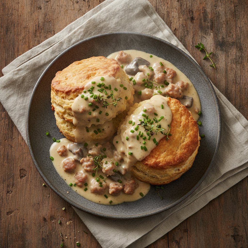 Truffled Wild Mushroom and Artisanal Sausage Gravy over Sourdough Thyme Biscuits