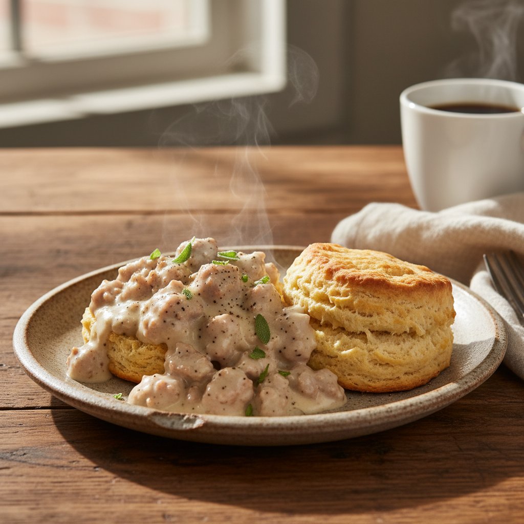 Homestyle Sage and Black Pepper Biscuits with Creamy Sausage Gravy