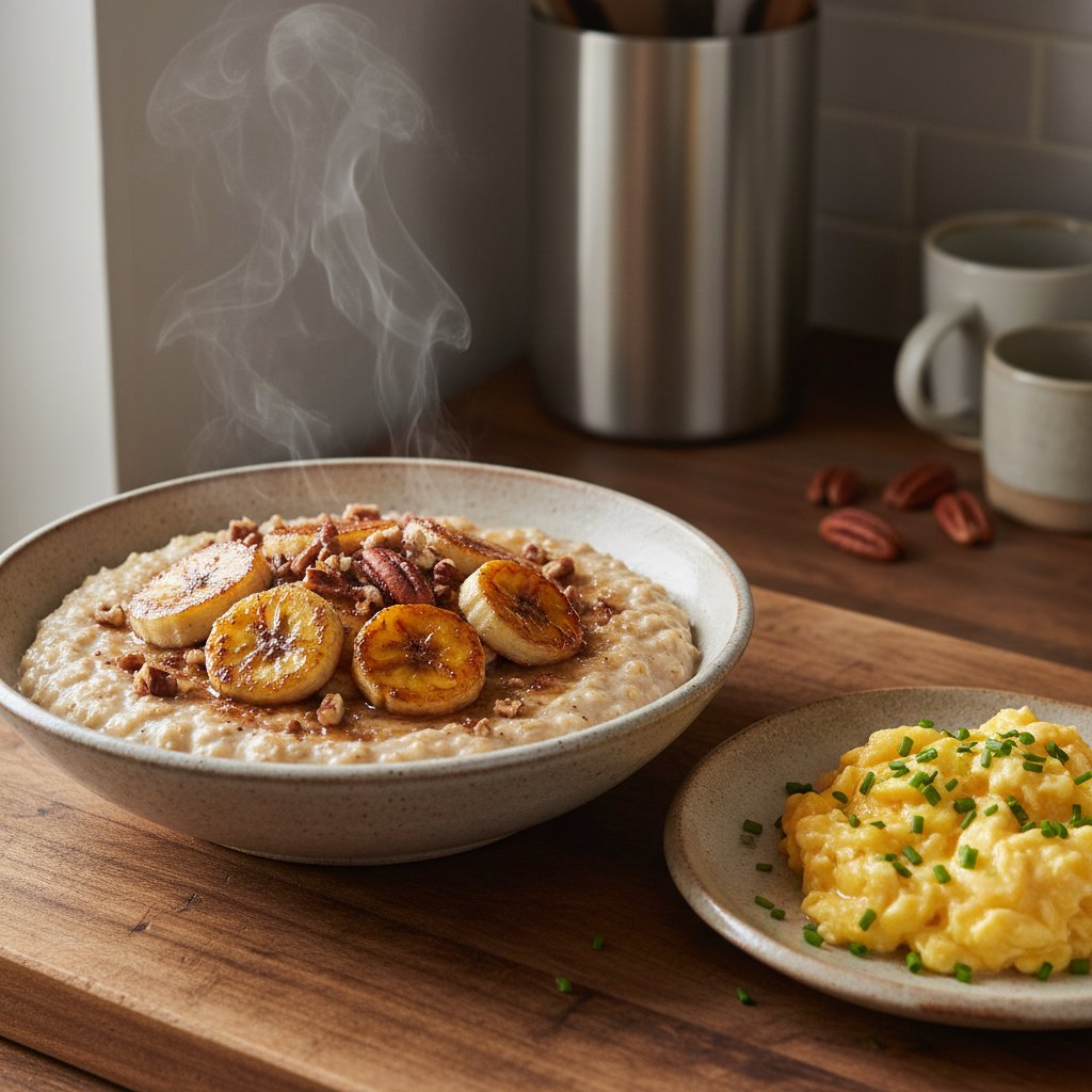Brown Butter Miso-Maple Oats with Brûléed Bananas and Silk-Scrambled Eggs