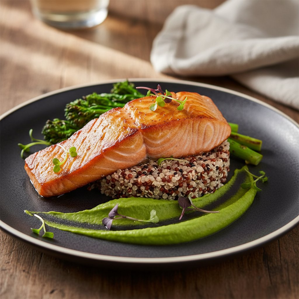 Miso-Glazed Wild Salmon with Ginger Quinoa and Silken Pea Puree