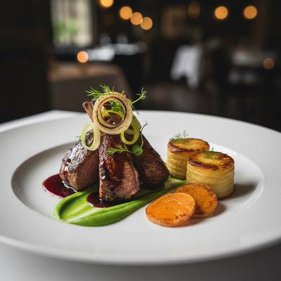 Slow-Braised Lamb Ribs with Balsamic-Wine Glaze and Garden Root Textures
