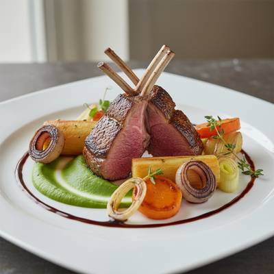 Herb-Crusted Lamb Riblets with Red Wine-Balsamic Glaze and Sweet Pea Emulsion