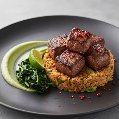 Pan-Seared Ribeye Medallions with Miso-Ginger Fried Rice and Whipped Avocado Mousse
