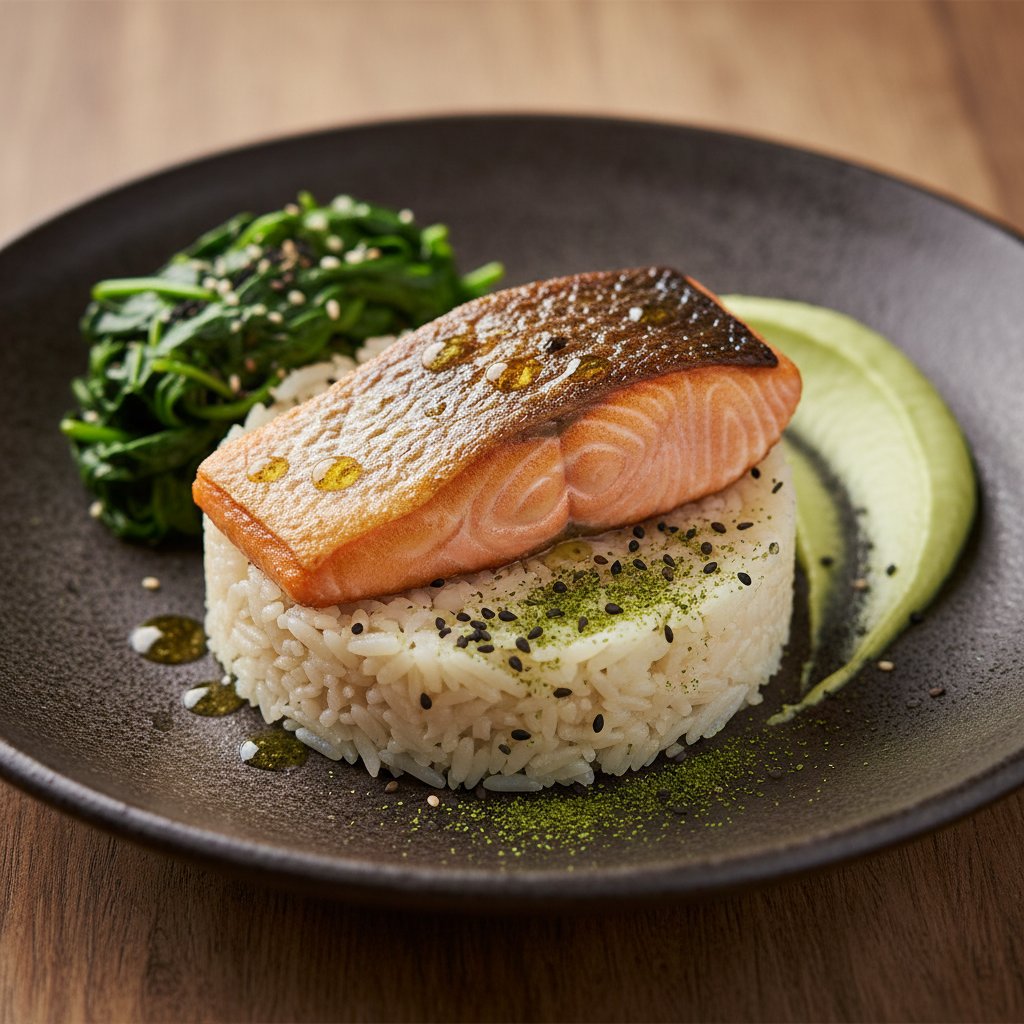 Pan-Seared Atlantic Salmon with Umami-Dusted Jasmine Rice and Avocado-Lime Silk