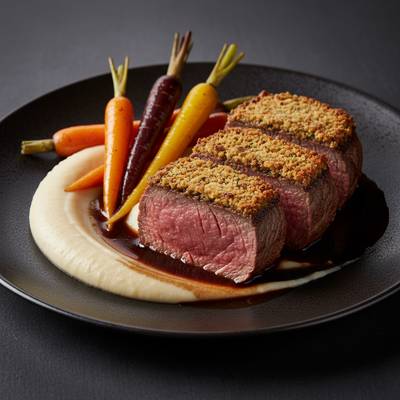 Pan-Seared Beef Tenderloin with Herbed Marrow Crust & Truffled Cannellini Purée