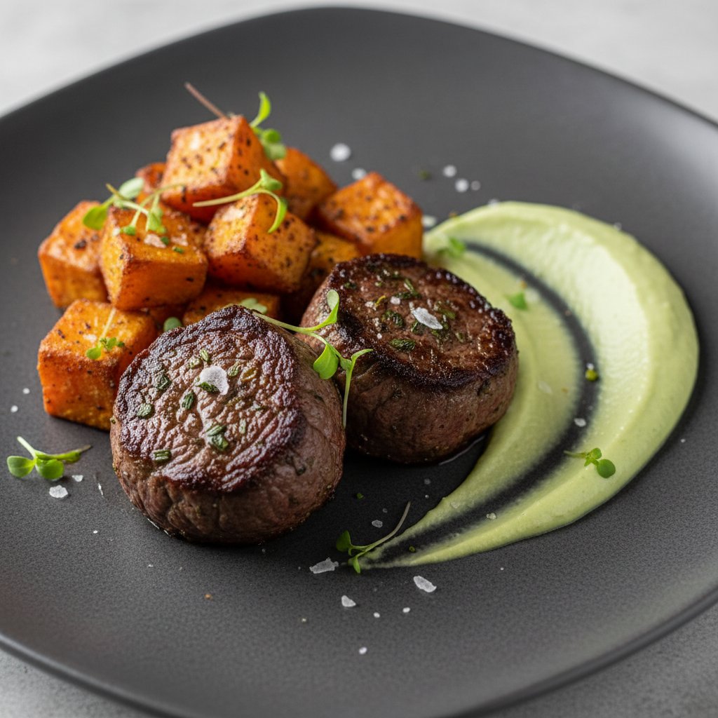 Sumac-Spiced Beef Medallions with Maple-Roasted Sweet Potato Gems and Avocado-Lime Silk