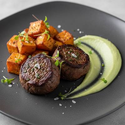 Sumac-Spiced Beef Medallions with Maple-Roasted Sweet Potato Gems and Avocado-Lime Silk