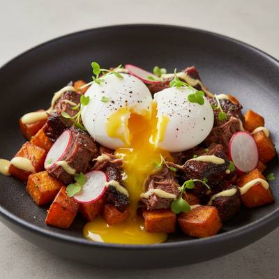 Rosemary-Crusted Short Rib Hash with Truffled Poached Eggs