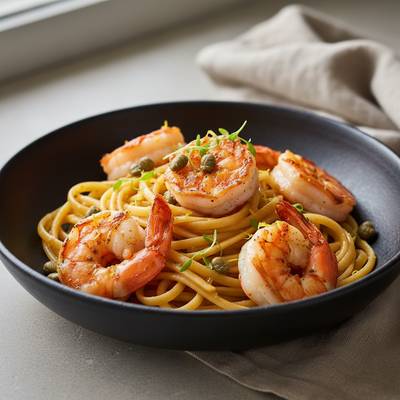 Brown Butter and Meyer Lemon Shrimp Linguine with Crispy Capers