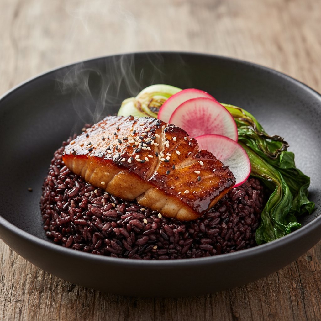 Miso-Sake Glazed Black Cod over Forbidden Rice